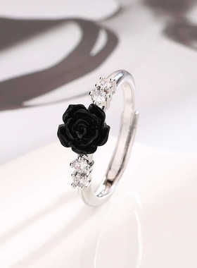 玫瑰花黑色锆石指环甜酷