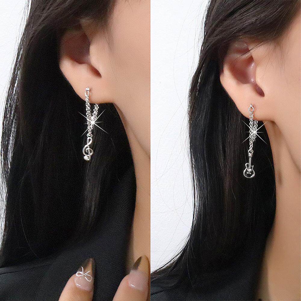 后挂式吉他音符流苏耳环黑色小提琴锆石耳钉长款链条不对称女耳坠
