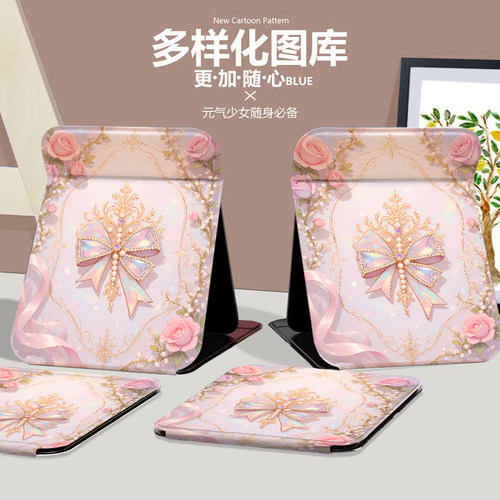 玫瑰水晶蝴蝶结折叠化妆镜可爱学生宿舍大镜子台式家用办公补妆镜