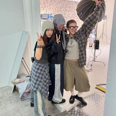 美式格纹衬衣慵懒翻领撞色衬衫