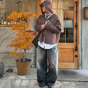 国现Our Legacy复古欧美风休闲马海毛混纺棕色格纹拉链连帽衫外套