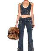 国现I.AM.GIA性感显瘦夜店辣妹低腰蝴蝶刺绣微喇牛仔裤 黛薇卡同款