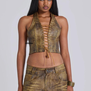 国现正品 背心 Jaded London夜店性感辣妹镂空绑带上衣挂脖露背短款