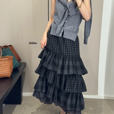 褶皱格纹层叠百搭蛋糕裙