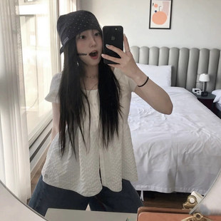 现货速发 coyseio 新品泡泡格子褶皱设计宽松圆领短袖娃娃衫衬衫