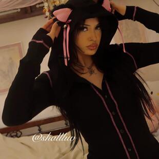 正品 Sugar Thrillz辣妹娇萌可爱猫耳连帽连体短裤黑粉小猫装饰