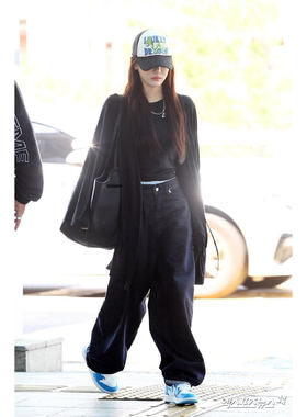 韩国正品姜涩琪宁艺卓同款 NIIER NOR玫瑰花刺绣靛蓝色阔腿牛仔裤