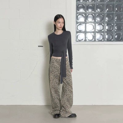 豹纹宽松直筒休闲长裤女