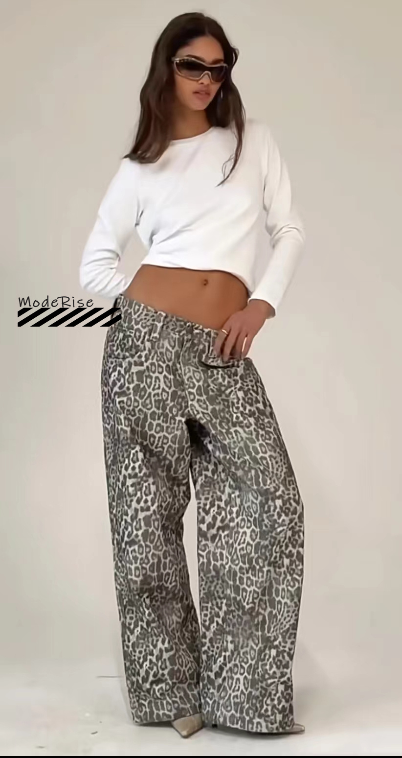 褪色豹纹满印低腰牛仔裤