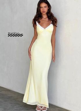 国现买手 Tiger Mist露背v领吊带长裙 褶皱姜黄色性感包臀连衣裙
