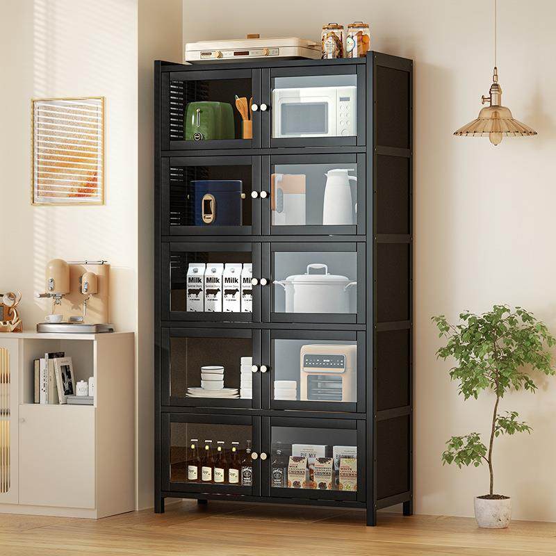 餐边柜2025新款厨房置物架落地多层收纳带门靠墙一体微波炉烤箱锅