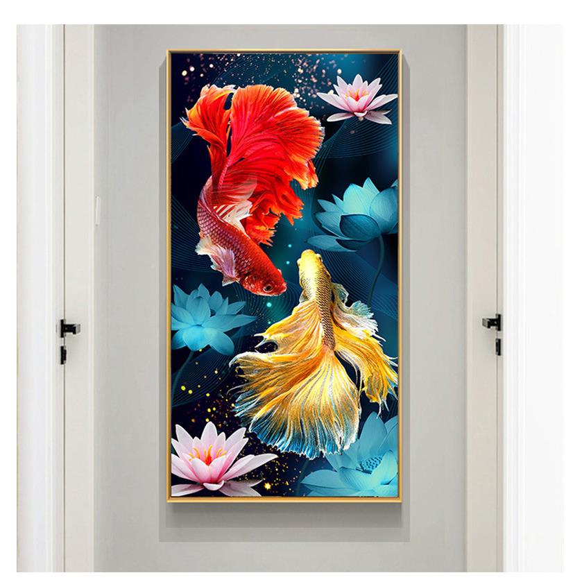 轻奢双锦鲤戏水5D钻石画新款客餐厅竖版十字绣玄关金鱼贴砖锈