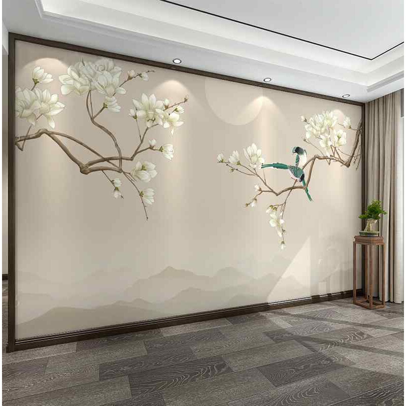 新款花鸟墙纸8d新中式淡雅墙布客厅卧室沙发电视背景墙壁纸装饰壁