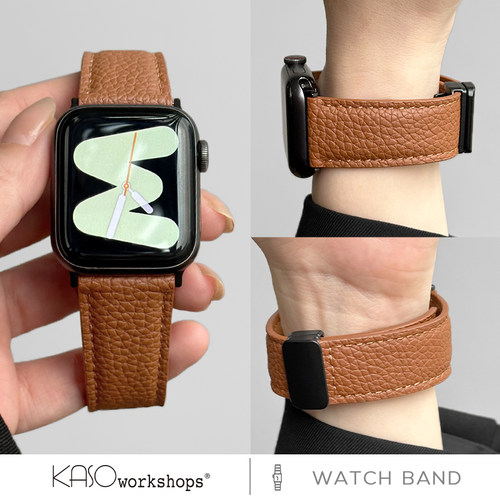 适用苹果iWatch s9手表applewatch8/7/6/5/4se荔枝纹皮质Ultra2磁吸扣表带秋冬高级感轻奢复古替换带云顶创想
