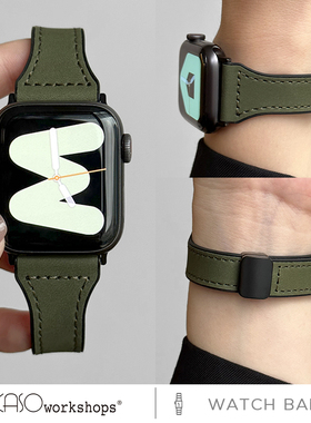 KASO适用iwatch9手表带新款细版疯马皮appleiwatchultra男款苹果手表s8s7s6s5表带真皮磁吸扣s4s3秋冬se2男女