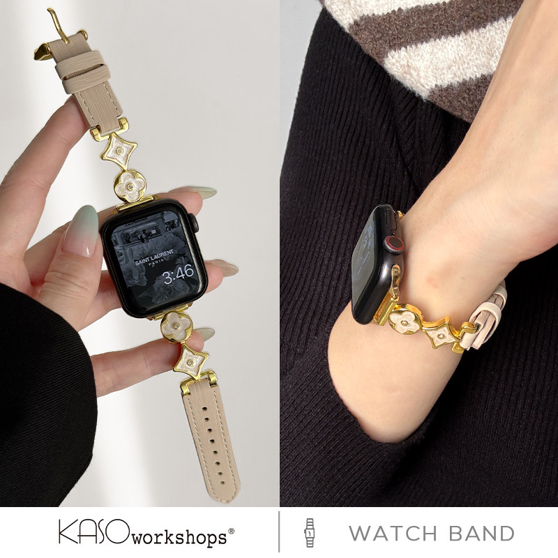 KASO新款纤细四叶链条草皮革iwatch表带s11适用苹果手表applewatch替换s10女9高级感ultra腕带se小众时尚精致