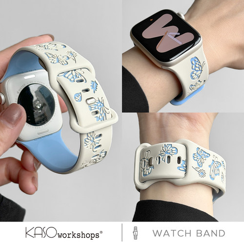 适用applewatch9苹果手表表带iwatch9新款蝴蝶印花硅胶拼色女新款运动ULTRA夏天女智能腕带运动高级感s11