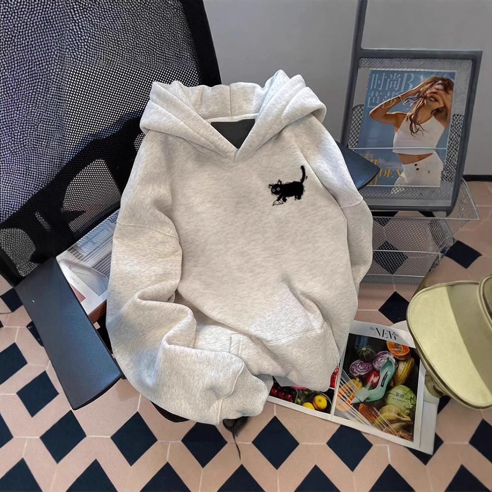 重磅500G连帽卫衣装024新款卡通小猫印花洋气中加绒加厚外套