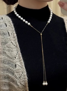法式抽拉珍珠项链高级感轻奢小众设计可调节锁骨链2025年爆款颈链