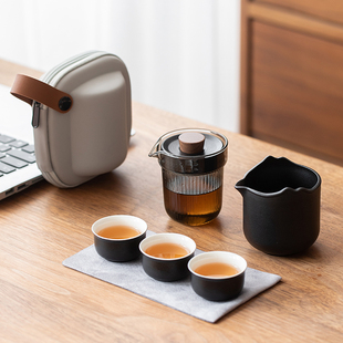 便携式 旅行茶具套装 陶瓷户外随身泡茶壶快客杯一壶三杯简约手抓壶