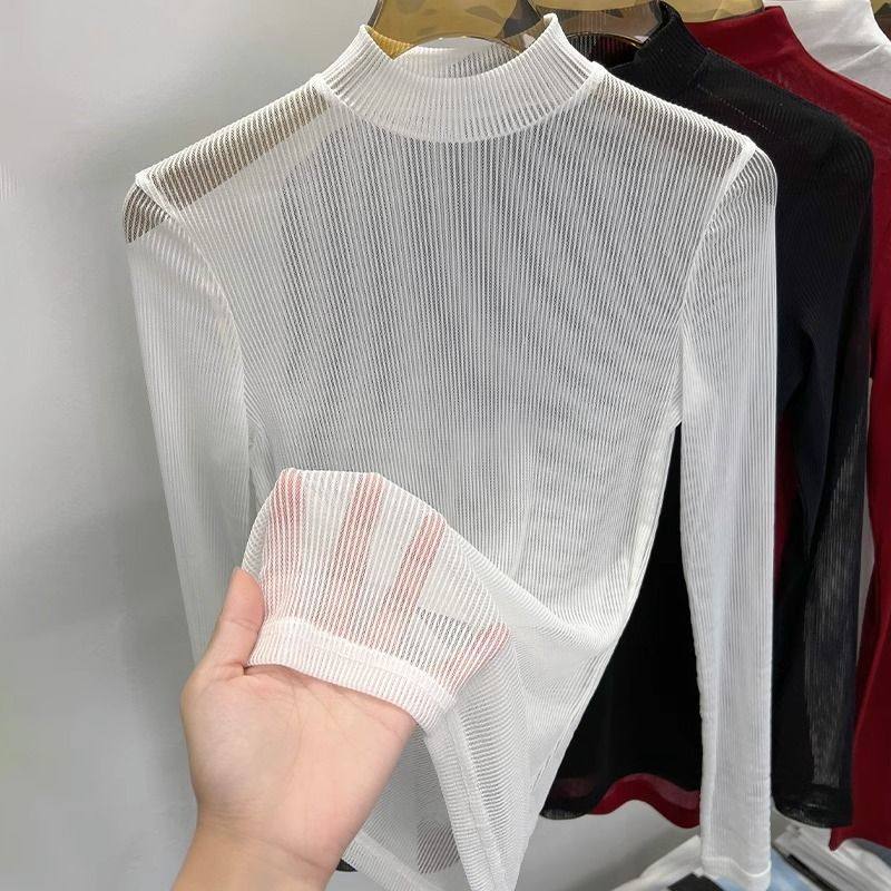 半高领网纱打底衫女透明纱衣内搭长袖透视白色紧身薄款T蕾丝上衣,女装/女士精品,蕾丝衫/雪纺衫,淘宝优惠券,粉丝福利购,淘宝优惠卷