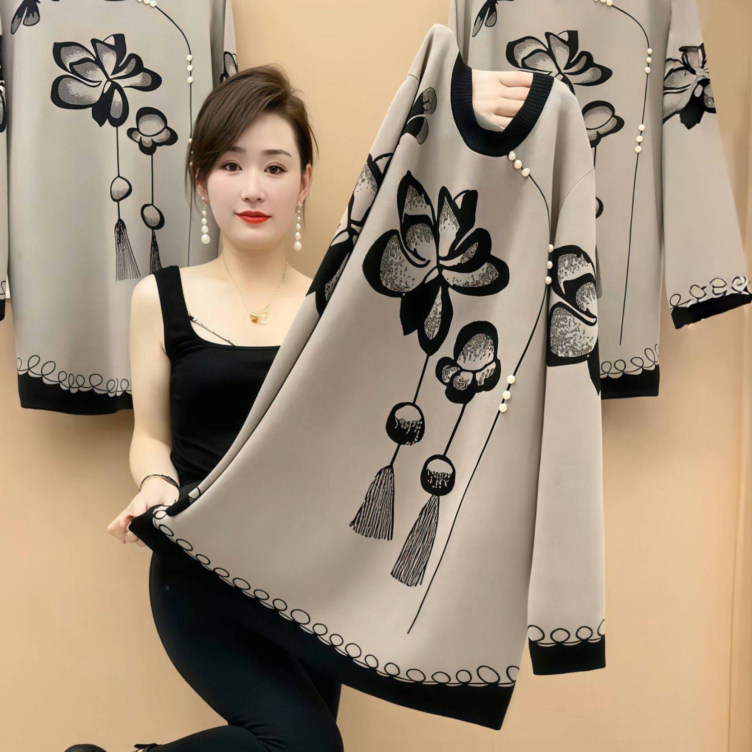 2025秋季新款中国风长袖中长款针织衫圆领毛衣宽松大码遮肉上衣女