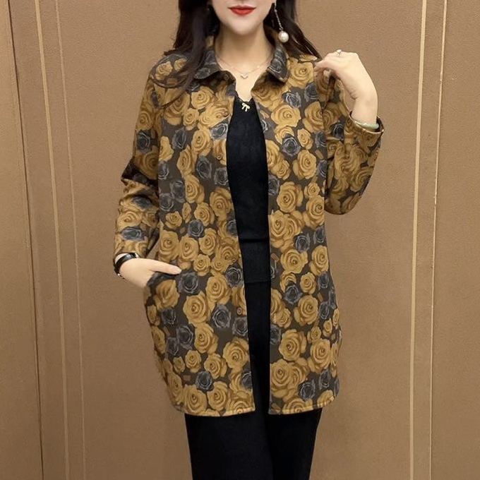 2025春季新款中年女装印花风衣洋气妈妈装中长款外套减龄大码大衣