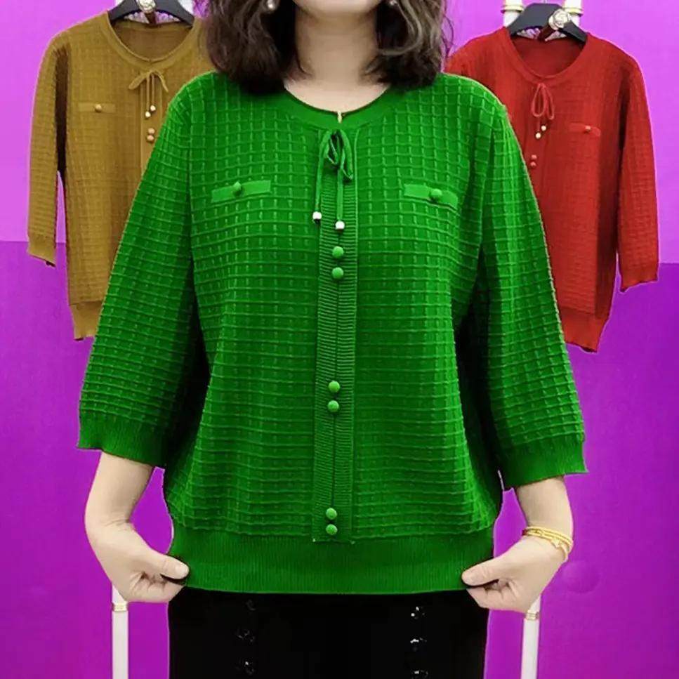 2025新款时尚洋气减龄圆领针织衫七分袖妈妈装纯色打底衫上衣女潮,女装/女士精品,毛针织衫,淘宝优惠券,粉丝福利购,淘宝优惠卷