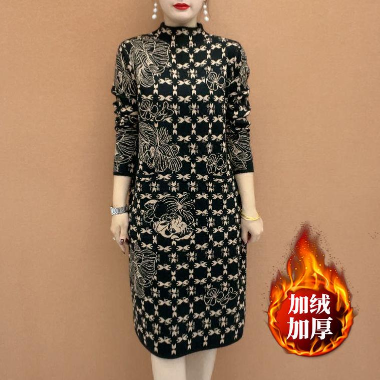 2025秋冬新款加绒加厚印花连衣裙半高领气质撞色长袖中长款打底裙