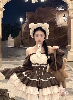 POSHE新款高定如心饼干熊棉布赫本裙蛋糕裙华丽日系秋冬大全套