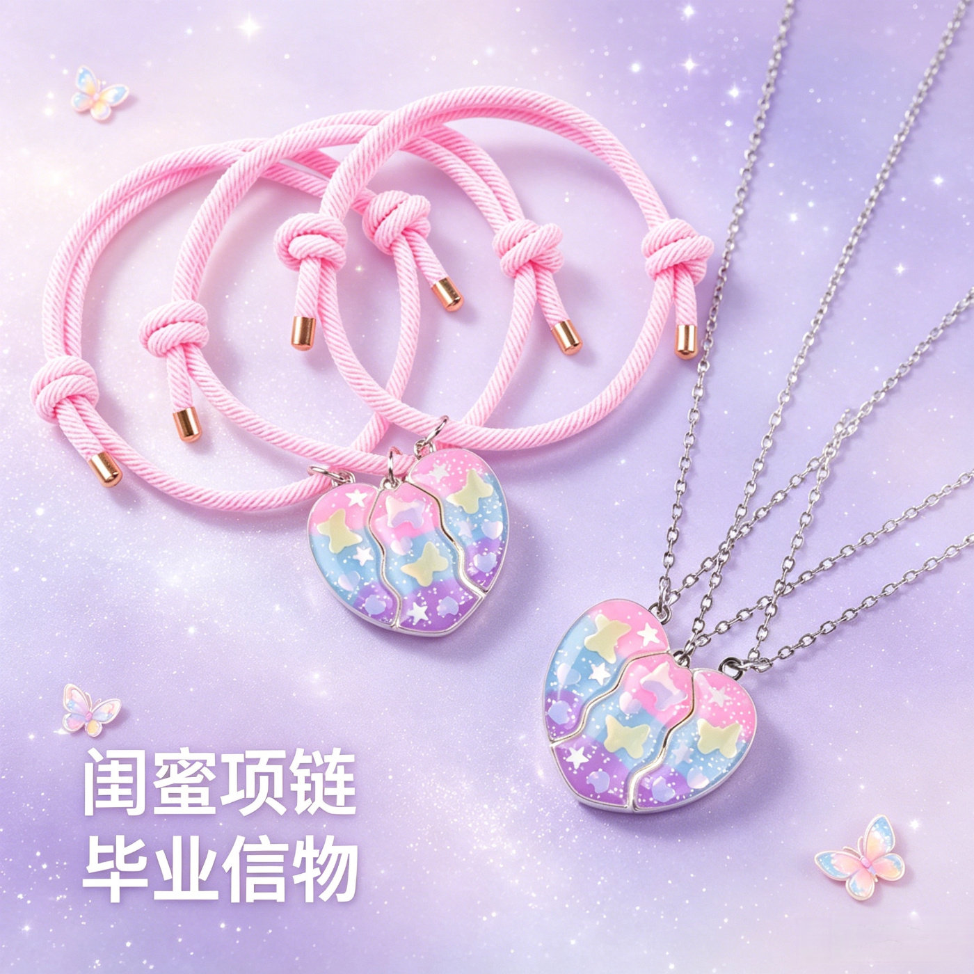 儿童三人闺蜜项链手链磁吸爱心友谊女童女孩高颜值学生党毕业礼物图片