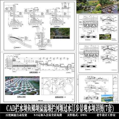 河道拦水坝鱼鳞坝溢流堰拦河堰过水汀步景观水坝详图(7套)CAD图纸