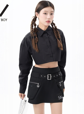 BOY BY BOY商场同款潮牌女装春秋宽松薄款长袖短款衬衫W21005