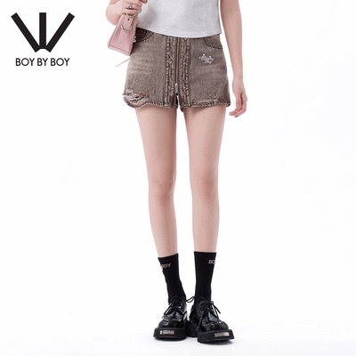 BOY BY BOY美式复古破洞牛仔短裤女夏季高腰显瘦A字裤