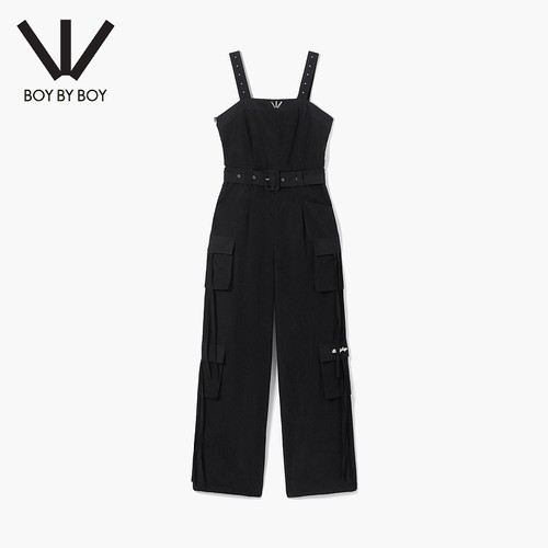 BOY BY BOY春季工装口袋亮银配饰宽松梭织连体背带裤W38002