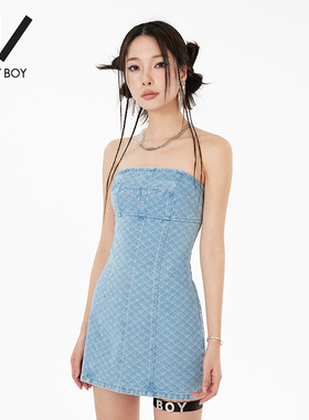 Boy By Boy夏季潮牌女款牛仔连衣裙修身抹胸满印logoW56003