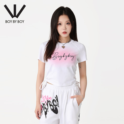 BOY BY BOY潮牌女装夏季短袖辣妹风修身印花抽绳短款正肩T恤