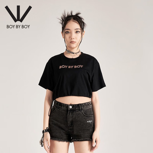 boy烫钻针织短袖T恤抽绳