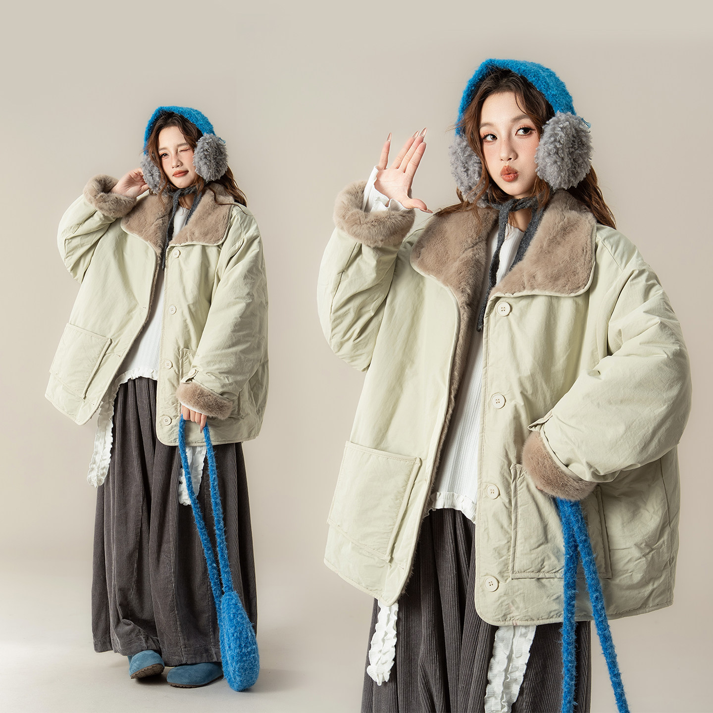 复古拼接风羊羔毛领棉服女2026年冬季新款保暖外套设计感廓形夹克