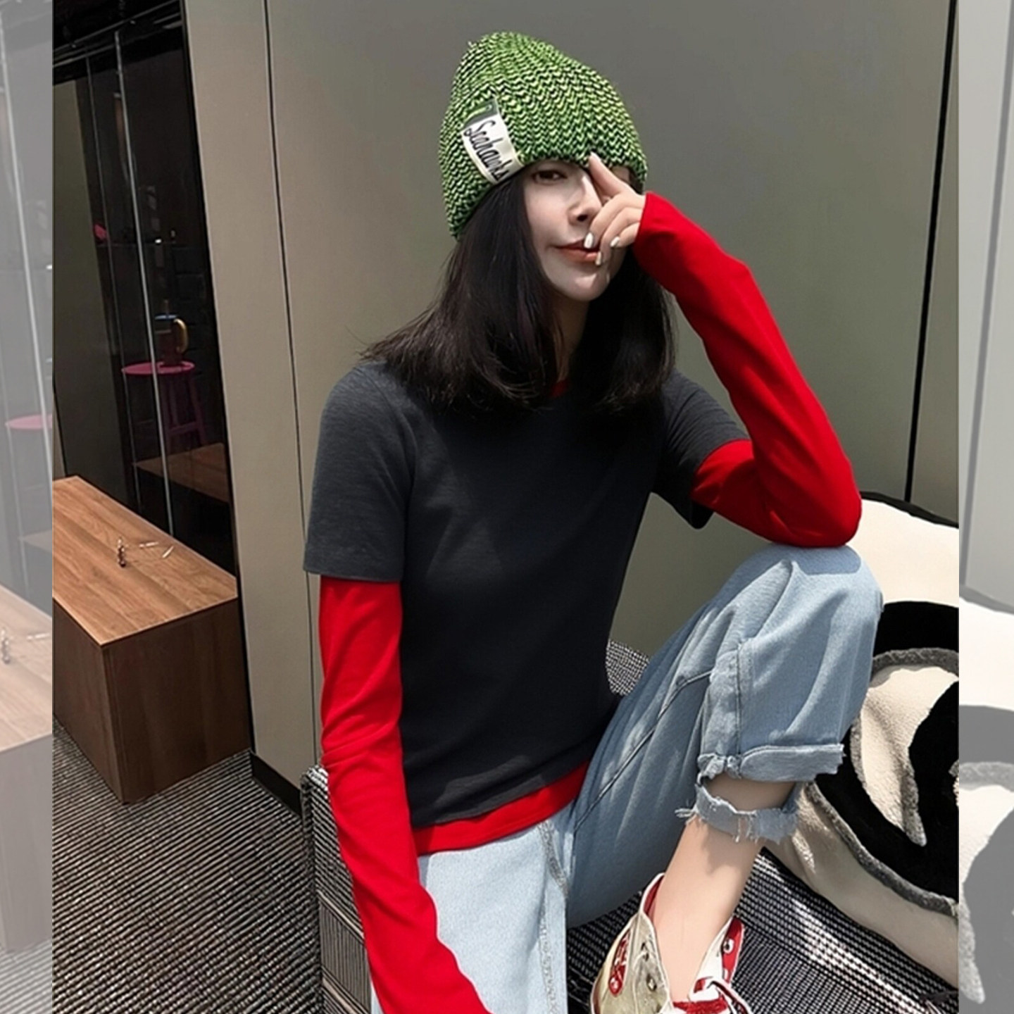 A酷少女~撞色拼接圆领假两件T恤女秋冬设计感修身内搭打底衫上衣,女装/女士精品,大码内搭,淘宝优惠券,粉丝福利购,淘宝优惠卷