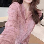 爆款 粉色晕染烫钻半开领t恤衬衣女款 2026新款 设计感独特漂亮上衣