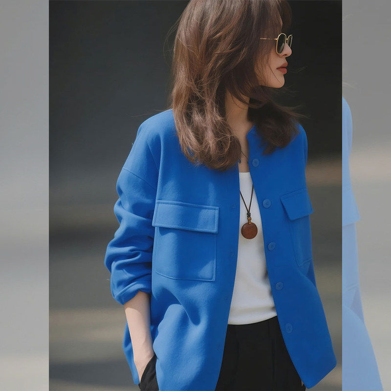 湛蓝澄澈~2026超火减龄蓝色圆领外套女款春季休闲纽扣开衫棒球服,女装/女士精品,常规大码外套,淘宝优惠券,粉丝福利购,淘宝优惠卷