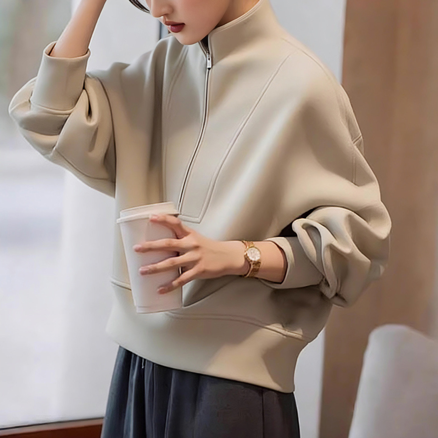 优雅韩女~半拉链立领加厚卫衣女秋冬高级感宽松显瘦叠穿内搭上衣,女装/女士精品,大码内搭,淘宝优惠券,粉丝福利购,淘宝优惠卷