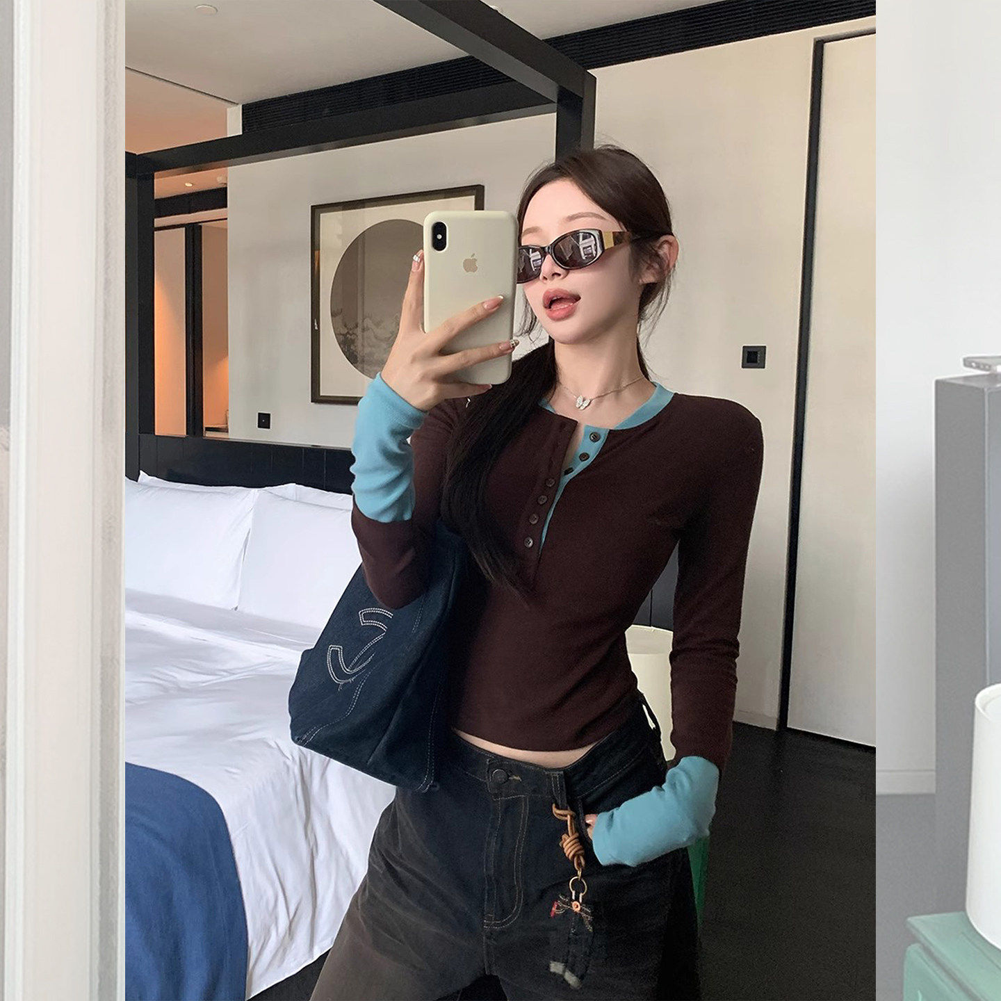 甜酷交织~撞色亨利领打底衫女秋冬辣妹风修身显瘦长袖T恤内搭上衣,女装/女士精品,T恤,淘宝优惠券,粉丝福利购,淘宝优惠卷