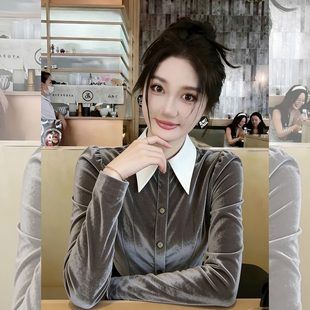 冷调优雅~撞色翻领衬衫女款早春季新款收腰显瘦气质长袖丝绒上衣