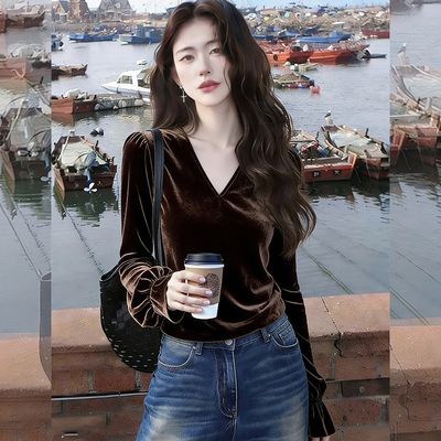 粼粼光影~法式V领丝绒上衣女秋冬