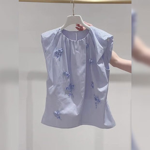 法式 气质甜美千金名媛风淡蓝色上衣女2025夏季 减龄设计感百搭小衫
