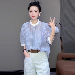 蓝色条纹短袖 韩系设计感小清新衬衣甜美学院风上衣 衬衫 女2025新款