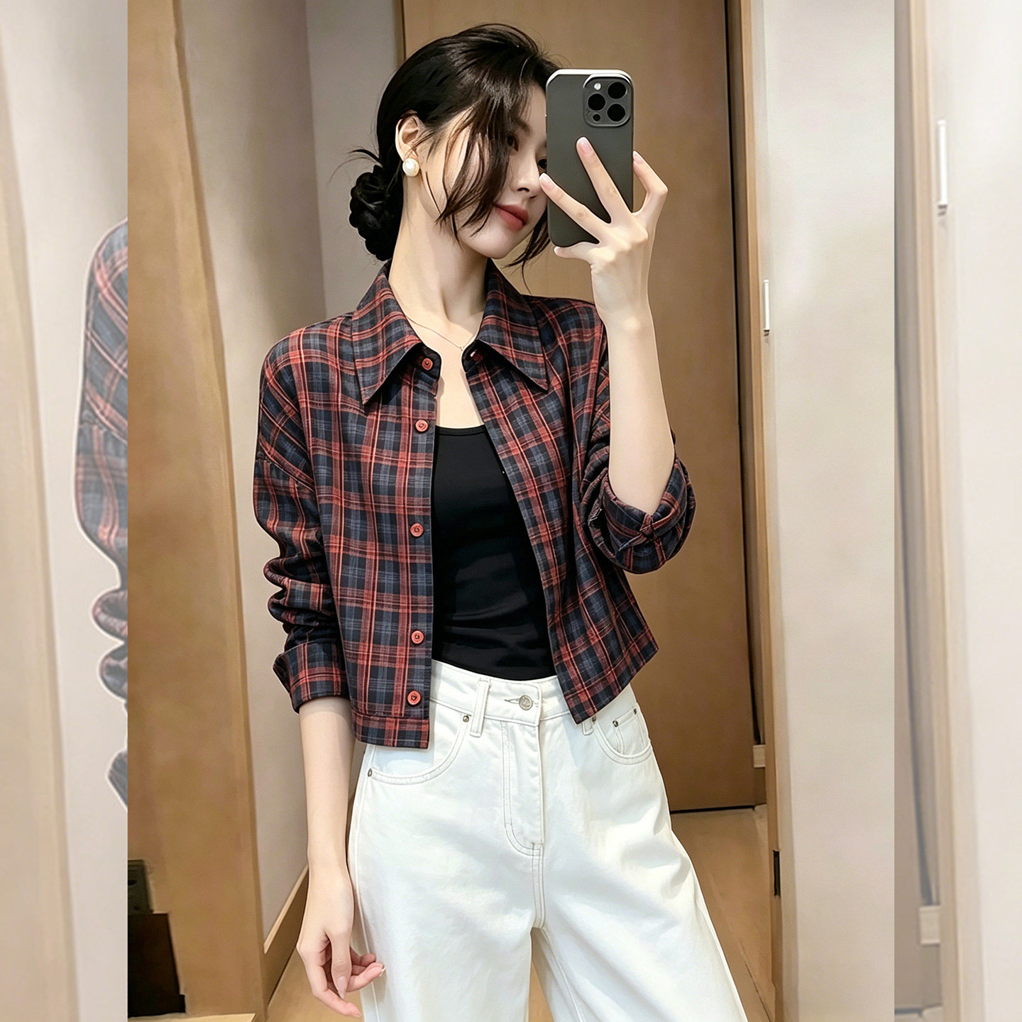 法式复古~红色格子衬衫女防晒衣图片