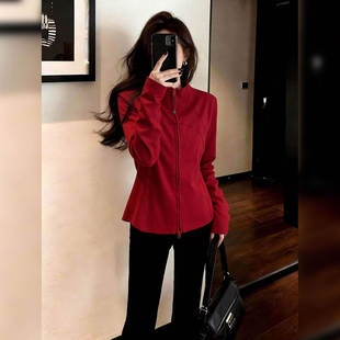 率性洒脱~新年红色立领收腰外套女款2026春修身显瘦拉链开衫上衣